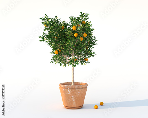 Orange tree in ceramic vase 3d rendering