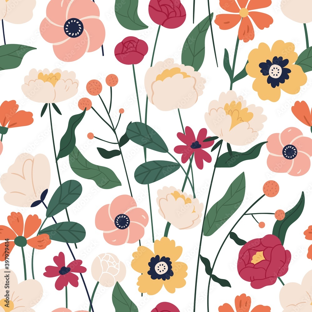 Colorful floral seamless pattern. Endless natural botanical background with blooming meadow flowers for fabric or wallpaper. Flat vector illustration of wildflowers for decorative textile print