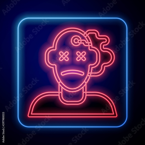 Glowing neon Murder icon isolated on blue background. Body, bleeding, corpse, bleeding icon. Concept of crime scene. Vector.