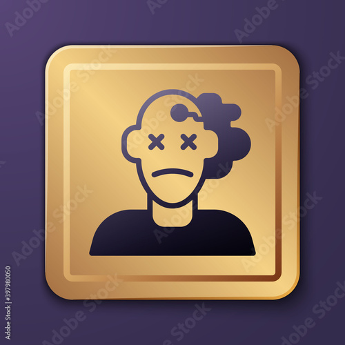 Purple Murder icon isolated on purple background. Body, bleeding, corpse, bleeding icon. Concept of crime scene. Gold square button. Vector.