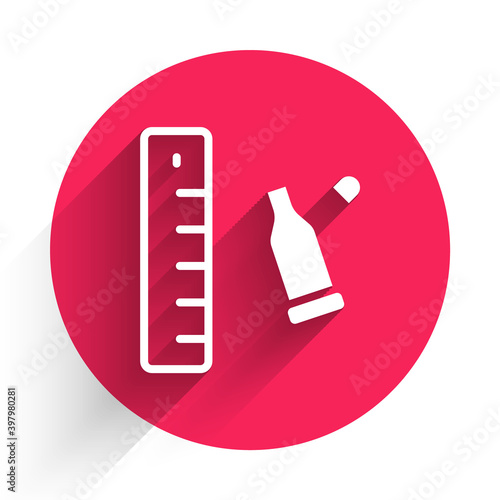 White Bullet casing as a piece of evidence placed with forensic ruler for documentation icon isolated with long shadow. Concept of crime scene. Red circle button. Vector.