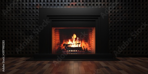 Fototapeta Burning fireplace, cozy home interior at christmas