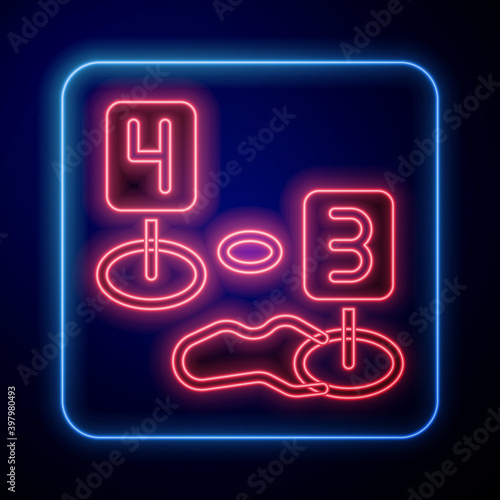 Glowing neon Marker of crime scene icon isolated on blue background. Vector.