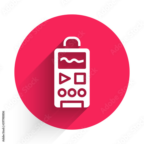White Dictaphone icon isolated with long shadow. Voice recorder. Red circle button. Vector.