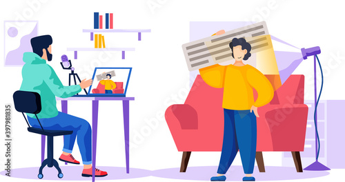A man records a video while sitting at a laptop and watching a guy in sweater with a text sign in his hands near the lamp. Male character is recording his voice on microphone vector illustration