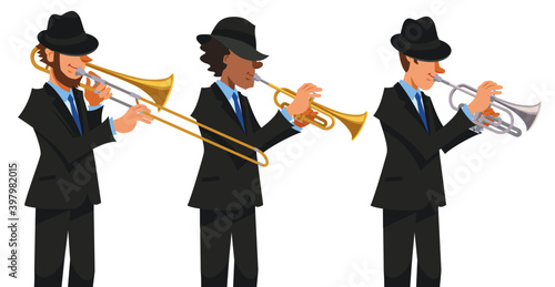 Jazz trumpet players in black suits and hats performing on isolated white background. Playing with trombone, trumpet, cornet. Vector illustration in flat cartoon style.
