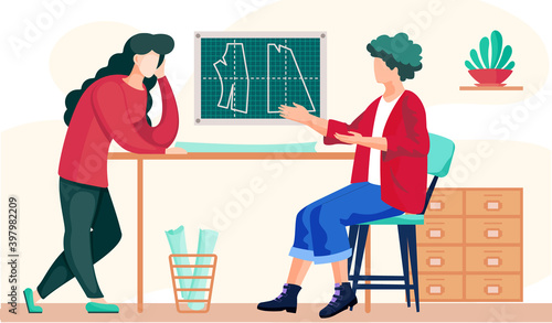 Colleagues in the atelier are discussing the model of the future pattern while the girl sits with a sheet of paper in her hands and reads. Professional tailoring studio. Sewing a garment in atelier