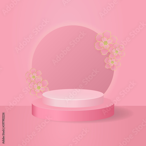 Elegant pink podium stage render template for product display. Vector background decorated with cherry blossom flower.