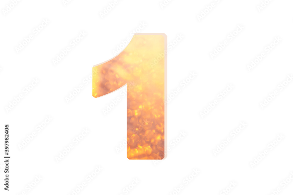 Festive Number: Numeral 1 with golden bokeh isolated on white background. For New year holiday or sale design/ Festive Number: Numeral 1 with golden bokeh isolated on white background. For New year holiday or sale design/