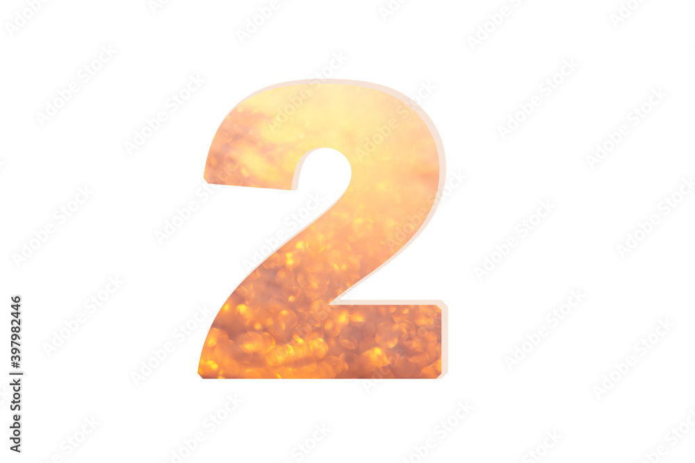 Festive Number: Numeral 2 with golden bokeh isolated on white background. For New year holiday or sale design. Festive Number: Numeral 2 with golden bokeh isolated on white background. For New year holiday or sale design.