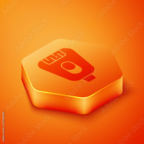 Isometric Epilator icon isolated on orange background. Depilation by electric razor. Hair removal on the body. Orange hexagon button. Vector.