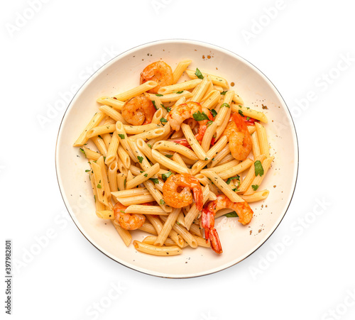 Plate of tasty pasta with shrimps on white background