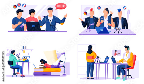 Set of illustrations on the topic of working in a recording studio. People use microphone and laptop. Guys speak foreign languages. Voice and speech training. Creative colleagues spend time together