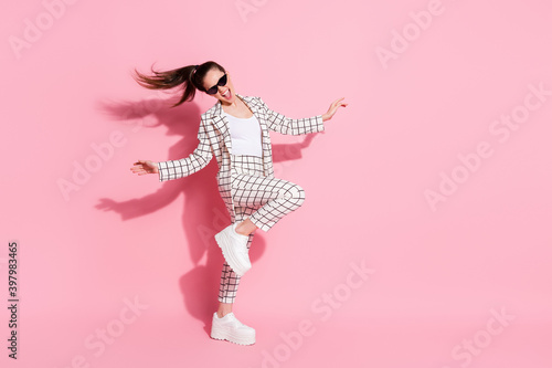 Full body photo of attractive lady dancing club astonished open mouth make moves isolated on pink color background