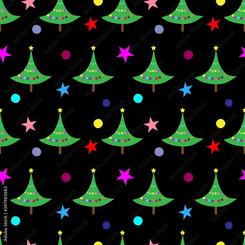 New Year tree with multicolored stars and balls on a black background.