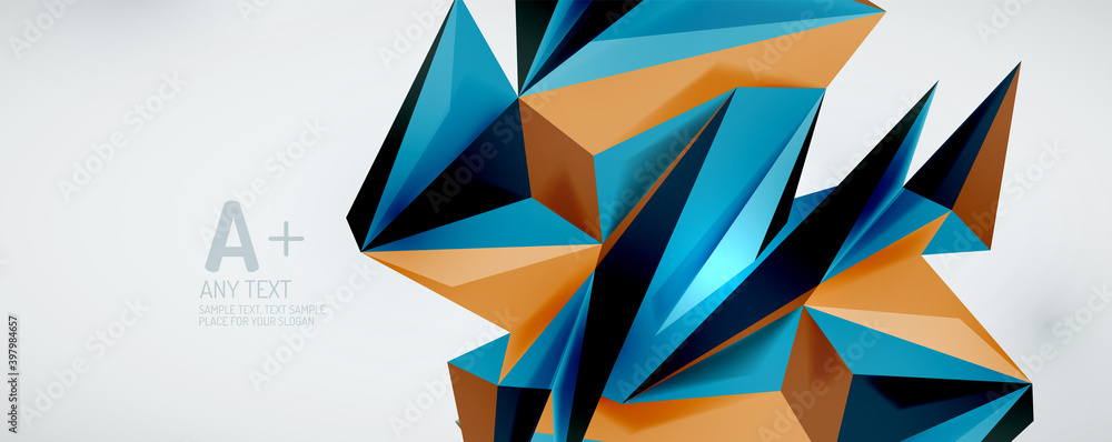 Vector triangle geometric backgrounds. Low poly 3d shape on light backdrop. Vector illustration for covers, banners, flyers and posters and other designs Vector triangle geometric backgrounds. Low poly 3d shape on light backdrop. Vector illustration for covers, banners, flyers and posters and other designs
