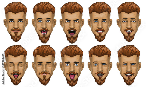 handsome bearded man in various face expression