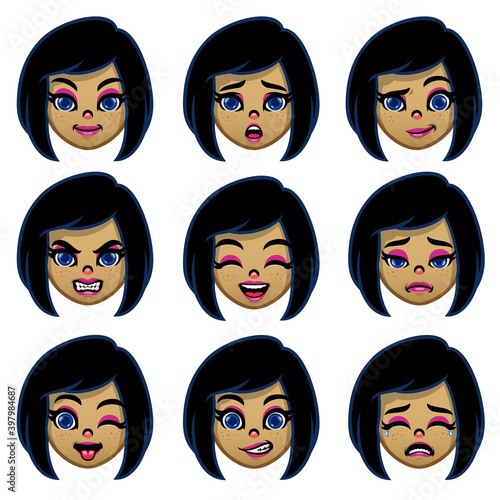 set of cartoon girl head with various face expression photo