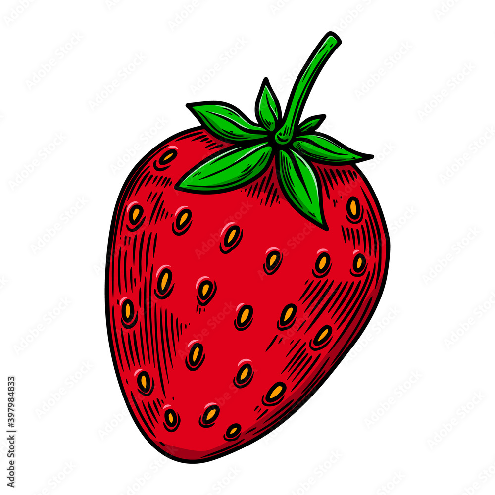 Obraz premium Illustration of strawberry in engraving style. Design element for poster, card, banner, sign. Vector illustration
