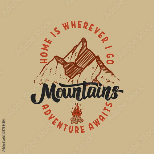 Vintage illustration of mountain landscape with campfire. Design element for poster, card, banner, emblem, sign. Vector illustration. Vector illustration
