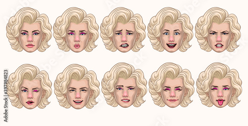 set of vintage women style in various face expression
