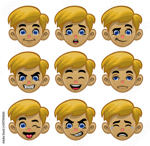 set white boy head with various eyes and mouths expression photo