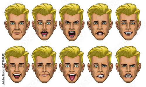 white men's head with varios face expression