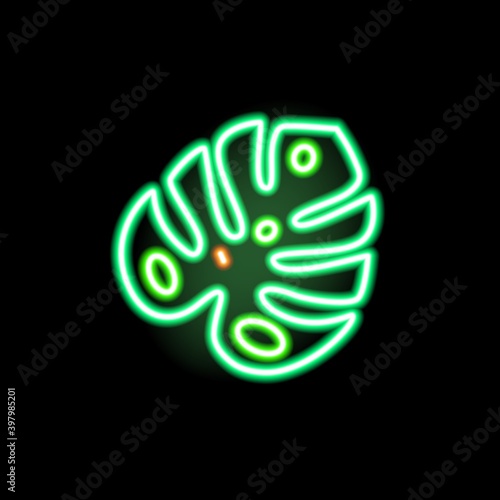 Neon sign of palm leaf glowing on black background. Fluorescent tropical plan...