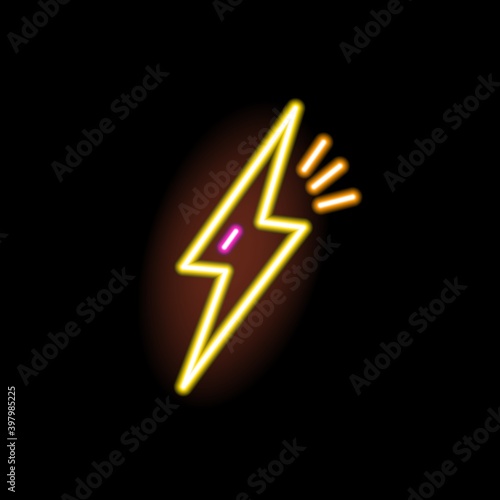 Neon sign of lightning glowing on black background. Fluorescent stylish signb...