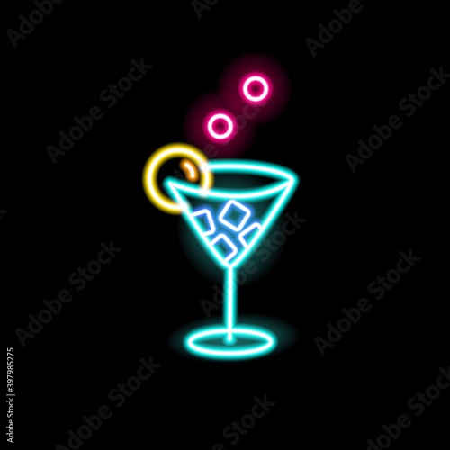 Neon sign of cocktail in glowing glass on black background. Fluorescent bright signboard with party drink. Illuminated symbol of beverage. Shiny signage for bar or club. Outline vector illustration