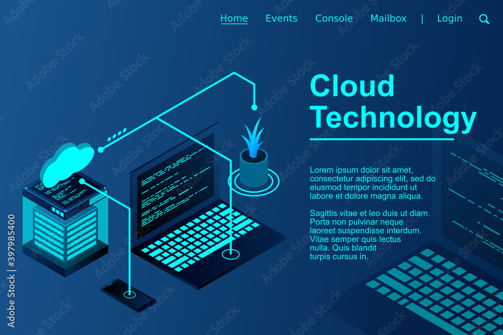 Concept of cloud storage, data transfer with laptop and smartphone. Server room, big data center isometric, vector illustration Concept of cloud storage, data transfer with laptop and smartphone. Server room, big data center isometric, vector illustration