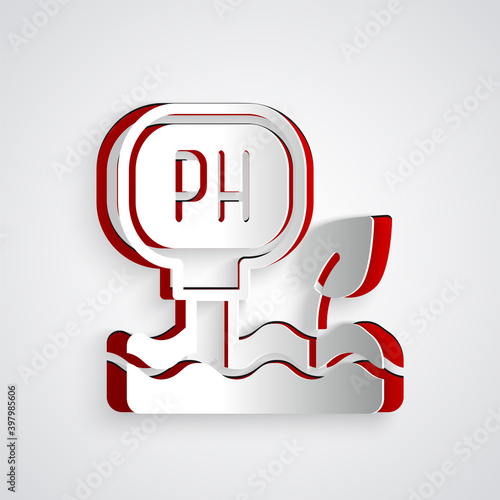 Paper cut Soil ph testing icon isolated on grey background. PH earth test. Paper art style. Vector.
