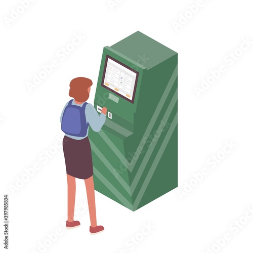 Scene of self service and automatic payment. Woman using info kiosk or information terminal. Flat vector cartoon illustration of person using freestanding machine isolated on white