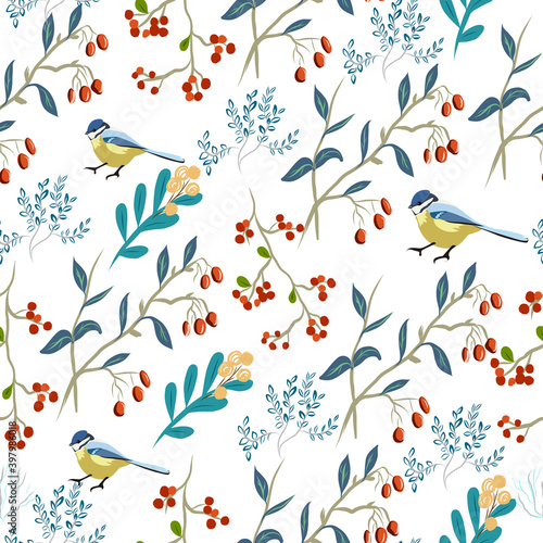Seamless pattern with Tits and berries and twigs
