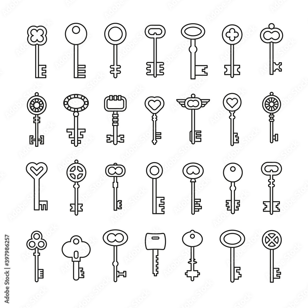 Line art icon set of key. Retro signs linear style Line art icon set of key. Retro signs linear style