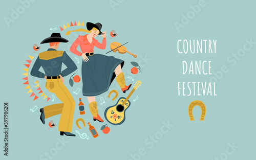Vector banner for the country dance festival with a funny couple, musical instruments, beer and decorations