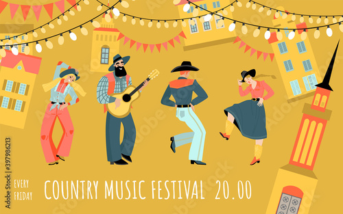 Vector banner for the country music festival with funny dancers and a musician with a guitar on the background of the cityscape