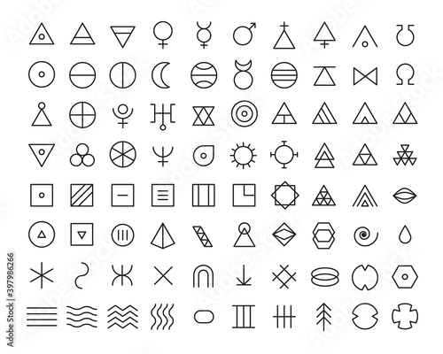 Line art icon set of esoteric glyphs, pictograms and symbols. Mystic and alchemy signs linear style