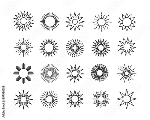 Line art icon set of sun. Mystic celestial signs linear style