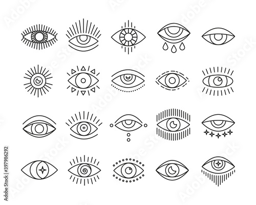Line art icon set of evil seeing eye. Mystic esoteric signs linear style