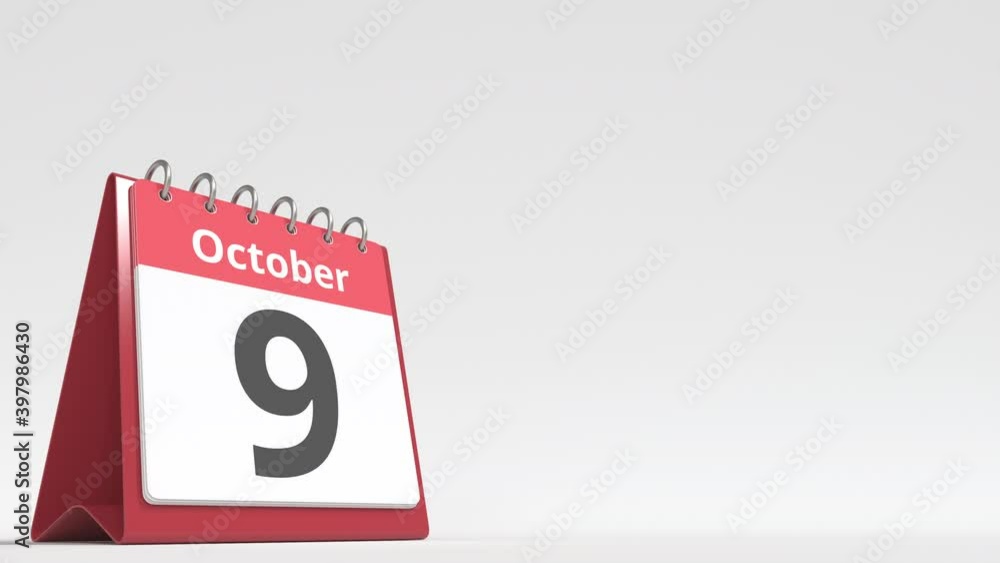 October 9 date on the flip desk calendar page, blank space for user text, 3d animation October 9 date on the flip desk calendar page, blank space for user text, 3d animation