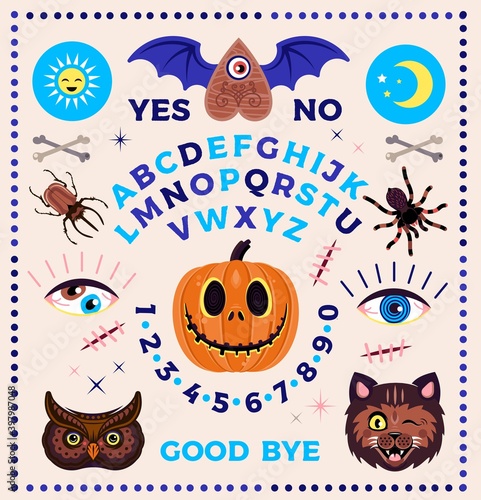 Ouija Board with Pumpkin. Occultism Set. Vector Illustration For Kids.