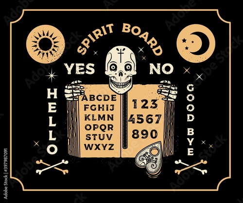 Ouija Board With Skeleton and Old Book. Occultism Set. Vector Illustration.