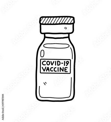 Covid-19 vaccine doodle, a hand drawn vector doodle illustration of a bottle of coronavirus vaccine isolated on white background.