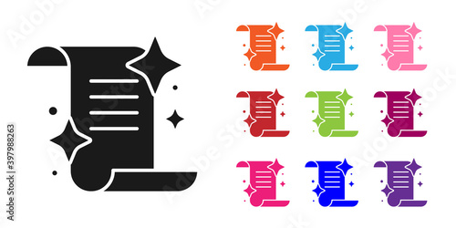 Black Ancient magic book with alchemy recipes and mystic spells and enchantments icon isolated on white background. Set icons colorful. Vector.