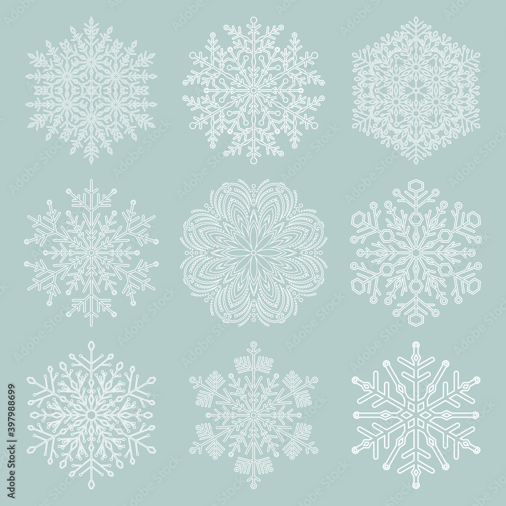 Set of vector snowflakes. White round winter ornaments. Snowflakes collection. Snowflakes for backgrounds and designs