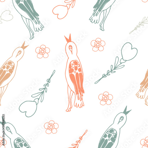 
The image of a bird in beige and blue. Seamless pattern on an isolated background.