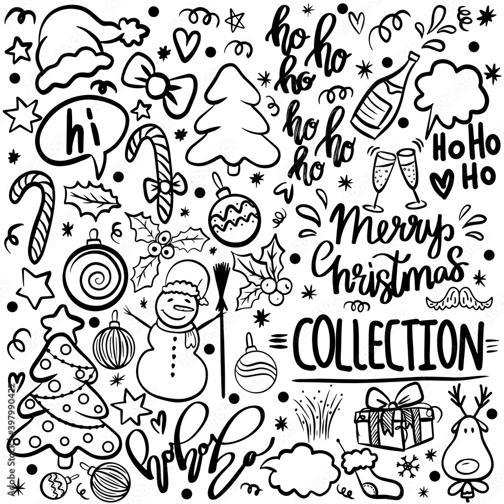 Sketch vector large set of Christmas design element in the style of doodle, a set of objects and symbols on the theme of Merry Christmas and new year 2021.
