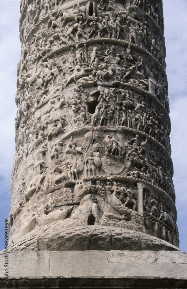 Close up of the Sculpture on Trajan's Column at Roman Forum of Trajan ruin in Rome, Italy
