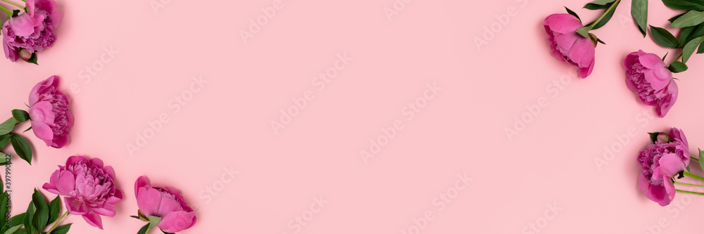Banner with peony flowers on a pink pastel background. Place for text. Banner with peony flowers on a pink pastel background. Place for text.